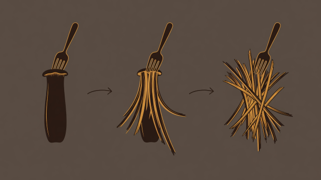 Flat vector diagram in espresso and amber showing fork-shredding king oyster mushroom stems into fibrous strips