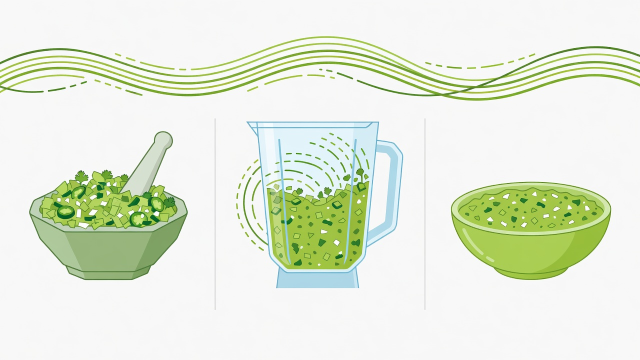 Flat vector diagram showing mortar and blender pulse stages for chunky salsa verde viscosity