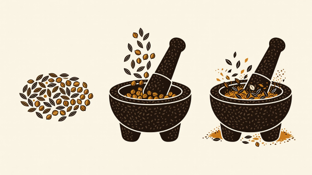 Flat vector diagram in espresso, amber and cream showing whole cumin and coriander seeds toasted in a pan and crushed in a stone molcajete