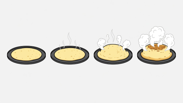 Flat vector diagram showing the three-flip comal timing that makes a pressed corn tortilla puff with steam