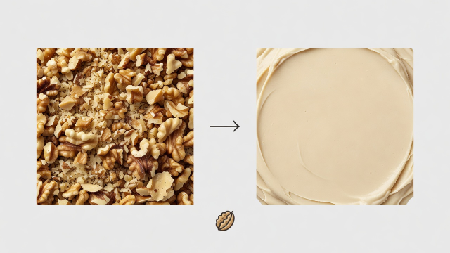 Flat vector diagram comparing coarse 4 mm walnut crumb texture against over-blended paste